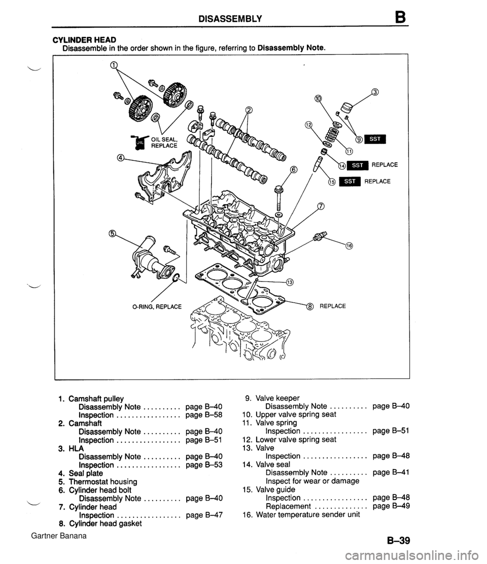MAZDA MX-5 1994 Manual PDF DISASSEMBLY B CYLINDER HEAD Disassemble in the order shown in the figure, referring to Disassembly Note. 1. Camshaft ~ullev 9. Valve keeper .......... ~isassembl~ Note .......... page B-40 isa assemb MAZDA MX-5 1994 Manual PDF DISASSEMBLY B CYLINDER HEAD Disassemble in the order shown in the figure, referring to Disassembly Note. 1. Camshaft ~ullev 9. Valve keeper .......... ~isassembl~ Note .......... page B-40 isa assemb