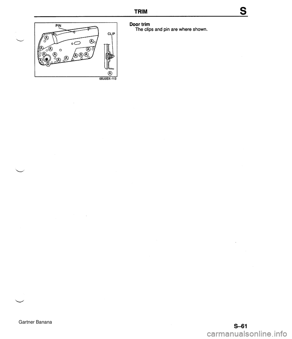 MAZDA MX-5 1994  Workshop Manual TRIM s Door trim The clips and pin are where shown.  Gartner Banana  