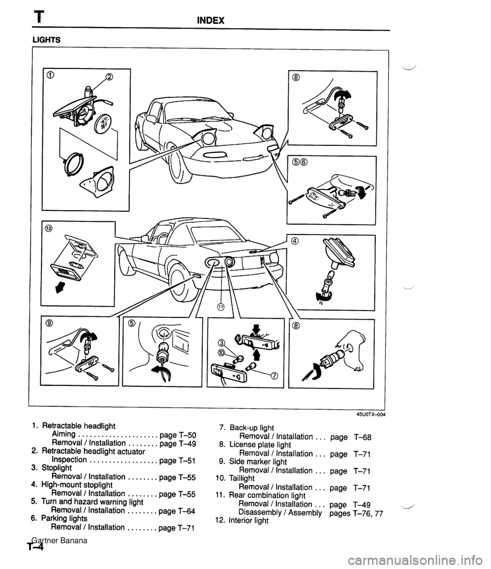 MAZDA MX-5 1994 User Guide T INDEX LIGHTS 1. Retractable headlight 7. Back-up light Aiming ..................... page T-50 Removal / Installation ... page T-68 Removal I Installation ........ page T-49 8. License plate light 2. MAZDA MX-5 1994 User Guide T INDEX LIGHTS 1. Retractable headlight 7. Back-up light Aiming ..................... page T-50 Removal / Installation ... page T-68 Removal I Installation ........ page T-49 8. License plate light 2.