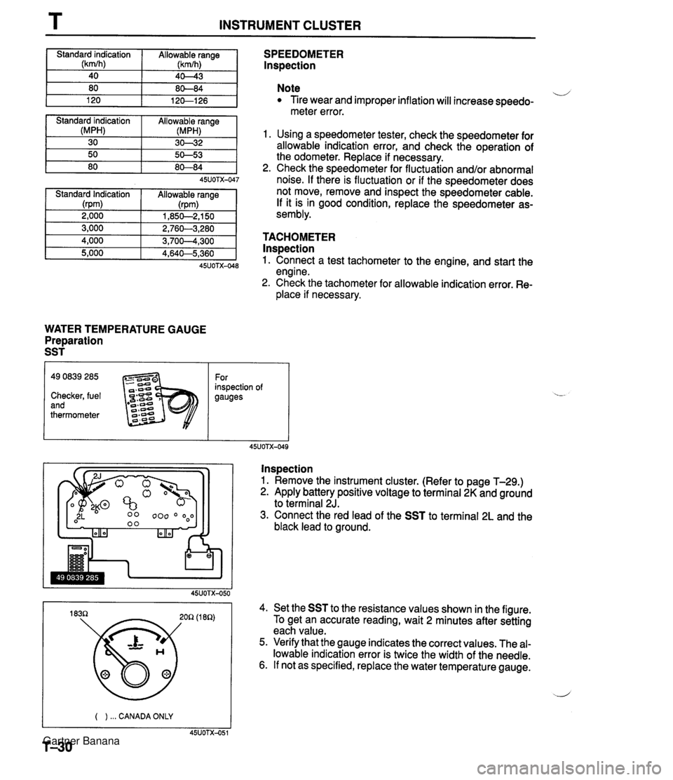 MAZDA MX-5 1994  Workshop Manual T INSTRUMENT CLUSTER Standard indication (kmlhl I 80 I 80-84 45UOTX-047 1 Standard Indication 1 Allowable ranae I Allowable range (kmlhl Standard indication (MPH) 30 WATER TEMPERATURE GAUGE Preparatio