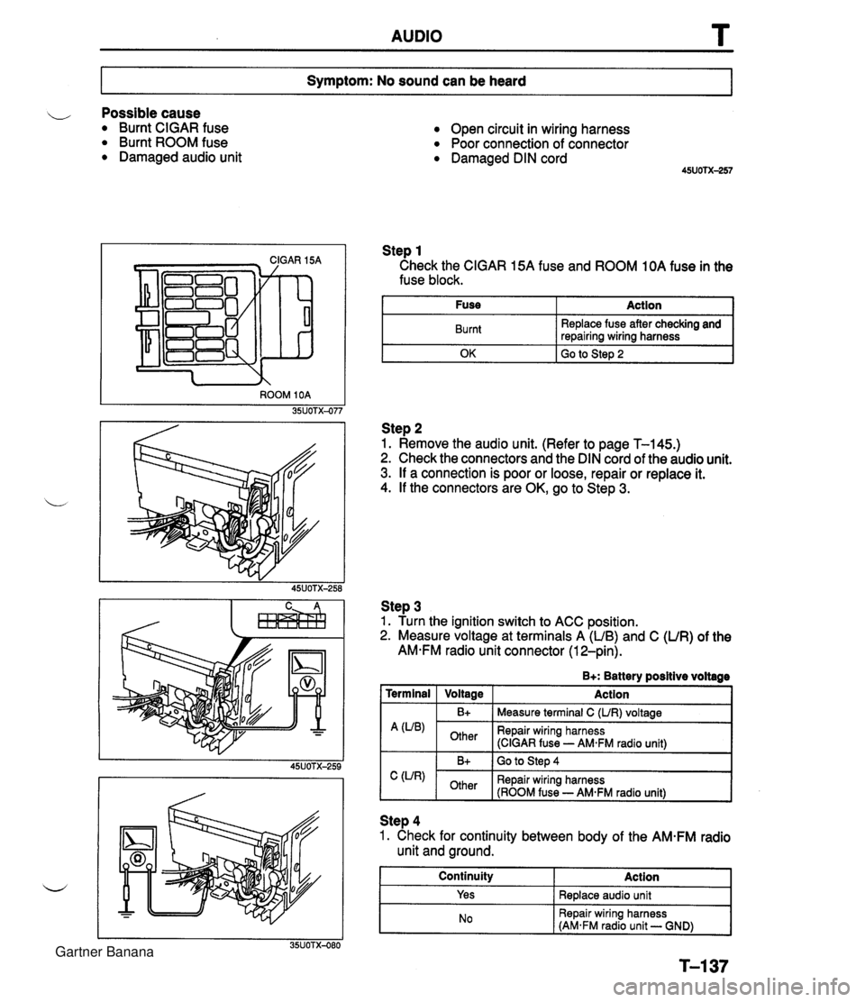 MAZDA MX-5 1994 Workshop Manual AUDIO I Symptom: No sound can be heard I Possible cause Burnt CIGAR fuse Burnt ROOM fuse Damaged audio unit ROOM 1 OA 35UOTX-077 Open circuit in wiring harness Poor connection of connector Damaged DIN MAZDA MX-5 1994 Workshop Manual AUDIO I Symptom: No sound can be heard I Possible cause Burnt CIGAR fuse Burnt ROOM fuse Damaged audio unit ROOM 1 OA 35UOTX-077 Open circuit in wiring harness Poor connection of connector Damaged DIN