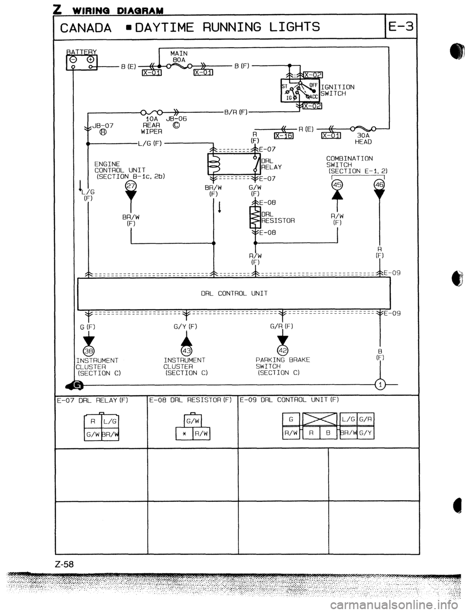 MAZDA PROTEGE 1992  Workshop Manual ZANADA l DAYTIME RUNNING LIGHTS E-3 
DRL CONTROL UNIT 
-07 DRL RELAY (F) E-08 DRL RESISTOR (F) E-09 DRL CONTROL UNIT (F) 
a  