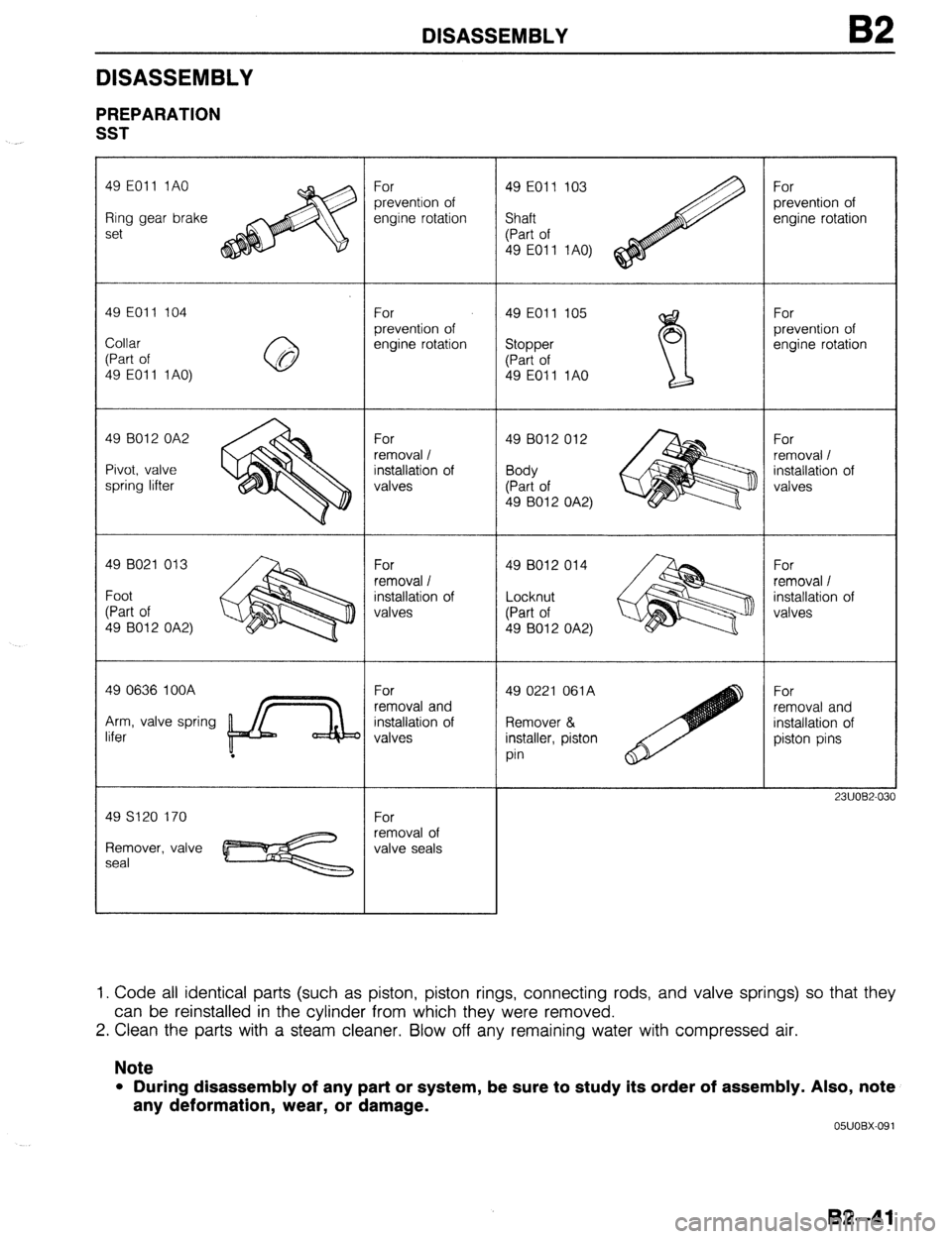 MAZDA PROTEGE 1992 Owners Manual DISASSEMBLY B2
DISASSEMBLY
PREPARATION
SST
._
49 EOll 1AO
Ring gear brake
set
49 EOll 104
Collar
(Part of
49 EOI 1 1 AO)
49 8012 OA2
Pivot, valve
spring lifter
49 B021 013
Foot
(Part MAZDA PROTEGE 1992 Owners Manual DISASSEMBLY B2
DISASSEMBLY
PREPARATION
SST
._
49 EOll 1AO
Ring gear brake
set
49 EOll 104
Collar
(Part of
49 EOI 1 1 AO)
49 8012 OA2
Pivot, valve
spring lifter
49 B021 013
Foot
(Part