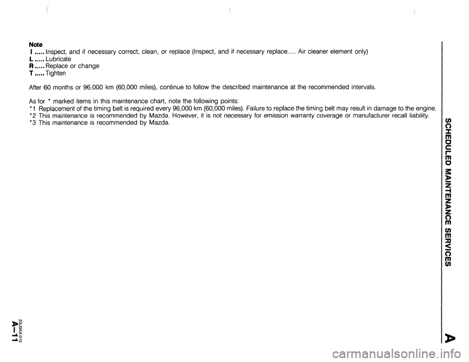 MAZDA PROTEGE 1992 Owners Manual Note 
I . . . . . Inspect, and if necessary correct, clean, or replace (Inspect, and if necessary replace..... Air cleaner element only) 
L . . . . . Lubricate 
R . . . . . Replace or change 
T . . . 