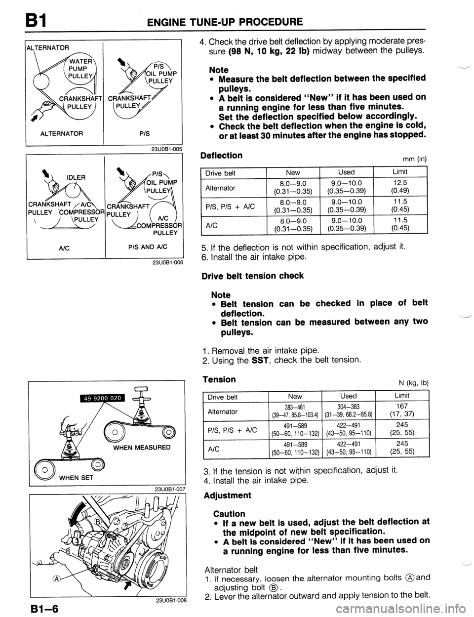 MAZDA PROTEGE 1992 Owners Guide Bl ENGINE TUNE-UP PROCEDURE 
iLTERNATOR 
ALTERNATOR 
I 
I I I 
 IDLER 
h ANKSHAFT /A/C 
-LEY %OMPRESSC 
PULLEY 
AIC P/S AND A/C 
23UOBl-006 
WHEN MEASURED 
WHEN SET 
23UOBl.00 
1  / 
23UOBl-001 
Bl-6 
