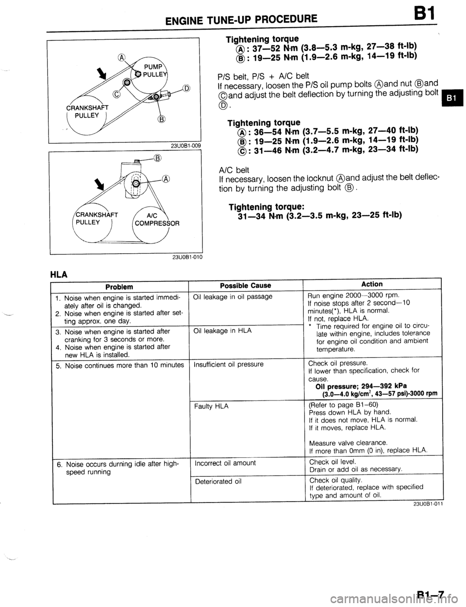 MAZDA PROTEGE 1992  Workshop Manual ENGINE TUNE-UP PROCEDURE Bl 
Tightening torque 
@ : 37-52 N,m (3.8-5.3 m-kg, 27-38 ft-lb) 
@ : 19-25 Nsm (1.9-2.6 m-kg, 14-19 ft-lb) 
23UOBl-OC 
P/S belt, P/S + A/C belt 
If necessary, loosen the P/S 