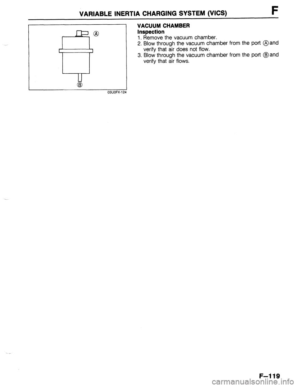 MAZDA PROTEGE 1992 Workshop Manual VARIABLE INERTIA CHARGING SYSTEM (VICS) F
VACUUM CHAMBER
Inspection
1. Remove the vacuum chamber.
2. Blow through the vacuum chamber from the port @and
verify that air does not flow.
3. Blow thr MAZDA PROTEGE 1992 Workshop Manual VARIABLE INERTIA CHARGING SYSTEM (VICS) F
VACUUM CHAMBER
Inspection
1. Remove the vacuum chamber.
2. Blow through the vacuum chamber from the port @and
verify that air does not flow.
3. Blow thr