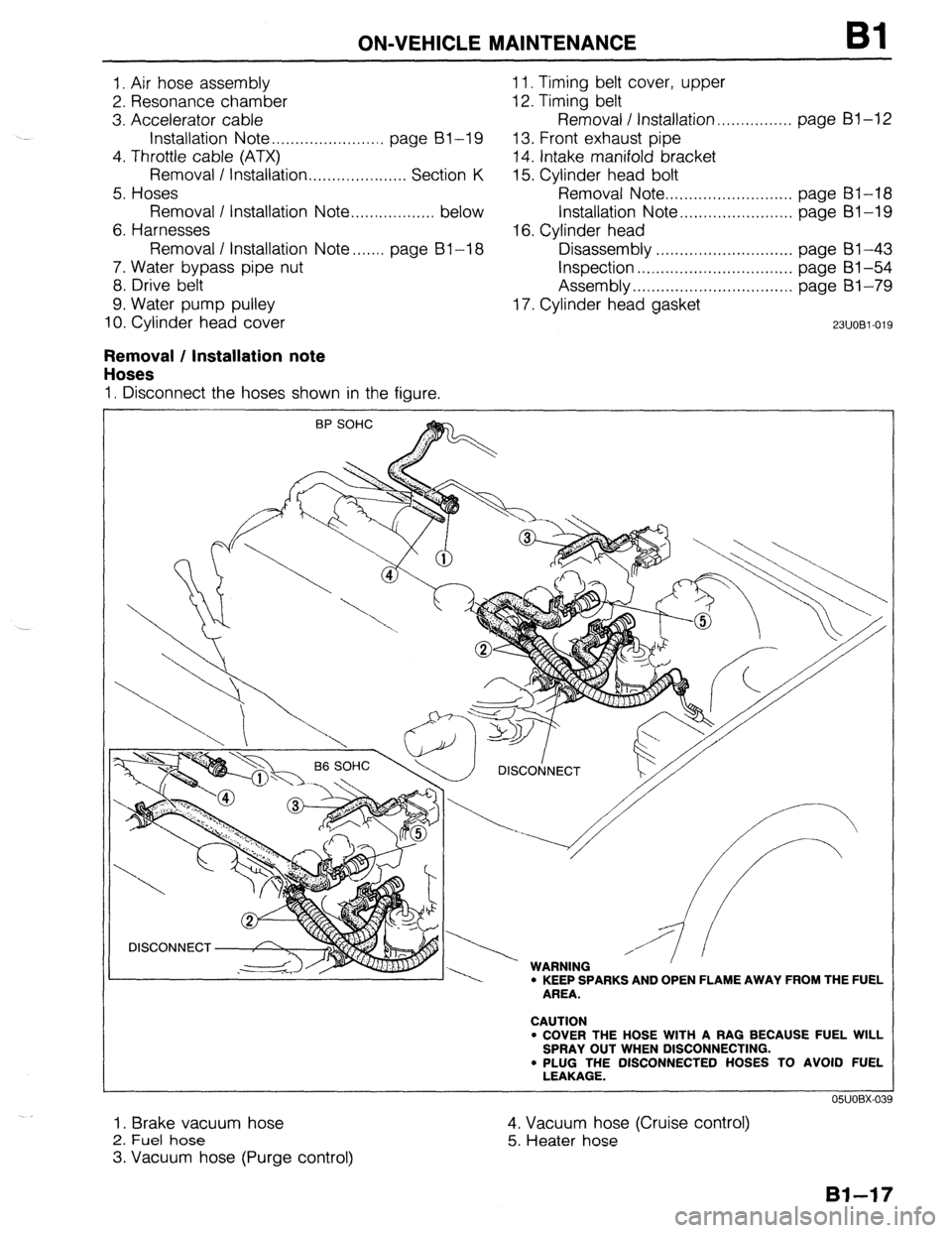 MAZDA PROTEGE 1992 Service Manual ON-VEHICLE MAINTENANCE Bl 
I. Air hose assembly 1 I. Timing belt cover, upper 
2. Resonance chamber 12. Timing belt 
3. Accelerator cable Removal / Installation.. . . . . . . . . . . . . . . page Bl-1