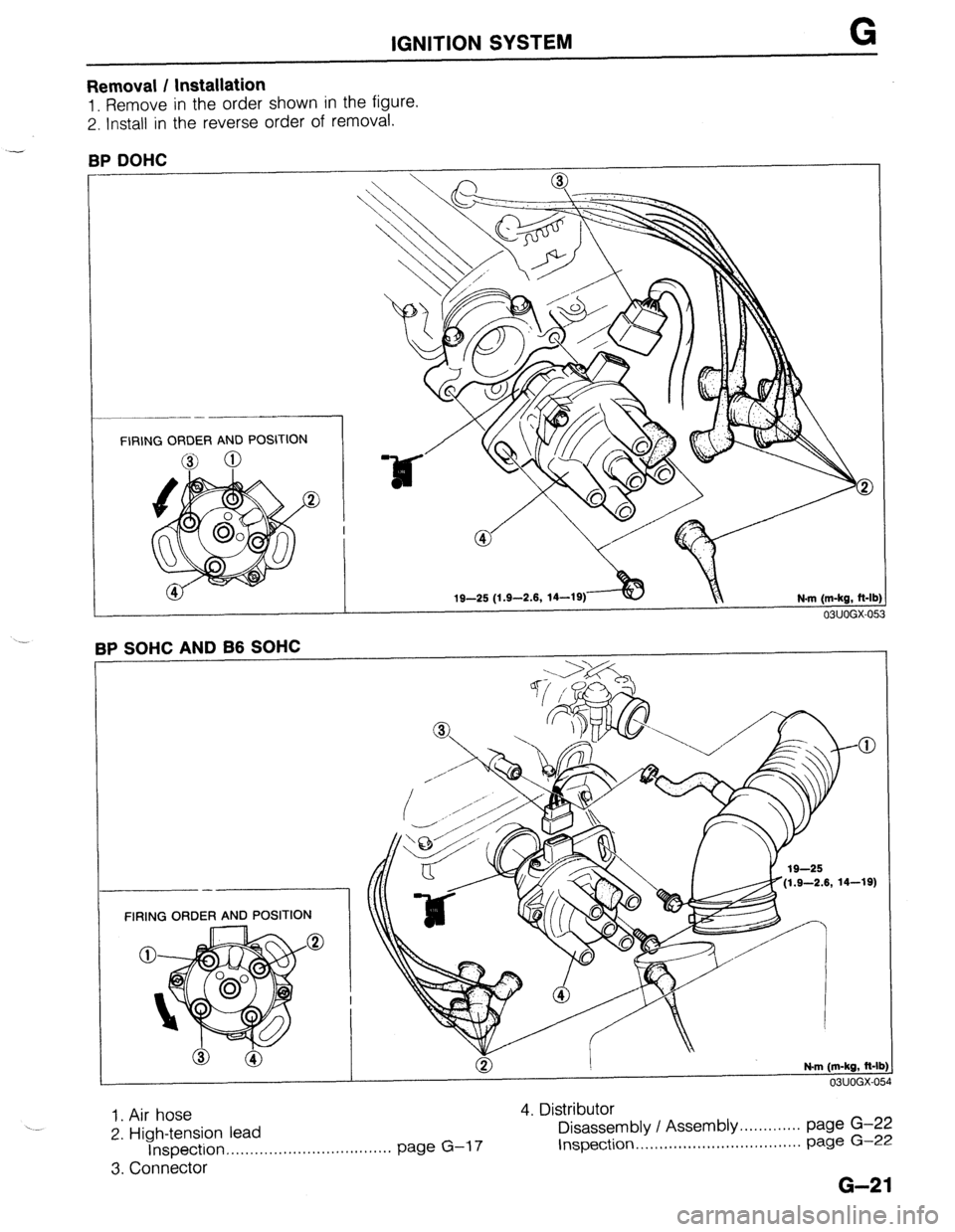 MAZDA PROTEGE 1992 Owners Guide IGNITION SYSTEM G
Removal I Installation
1. Remove in the order shown in the figure.
2. Install in the reverse order of removal.
RP I’lClHC
FIRING ORDER AND POSITION
19-25 (1.9-2.6,
14-19)
N MAZDA PROTEGE 1992 Owners Guide IGNITION SYSTEM G
Removal I Installation
1. Remove in the order shown in the figure.
2. Install in the reverse order of removal.
RP I’lClHC
FIRING ORDER AND POSITION
19-25 (1.9-2.6,
14-19)
N