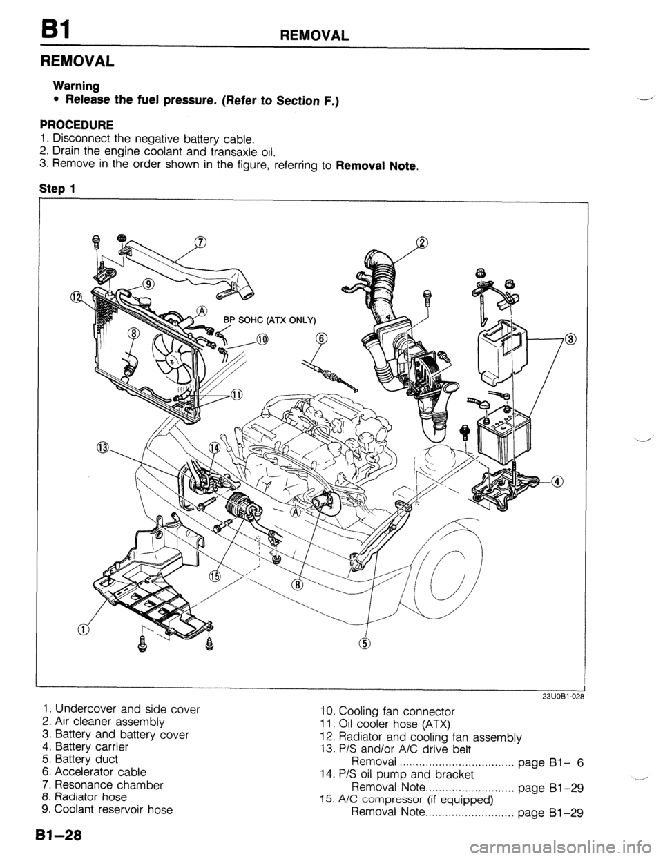 MAZDA PROTEGE 1992  Workshop Manual REMOVAL 
REMOVAL 
Warning 
l Release the fuel pressure. (Refer to Section F.) 
PROCEDURE 
1. Disconnect the negative battery cable. 
2. Drain the engine coolant and transaxle oil. 
3. Remove in the or