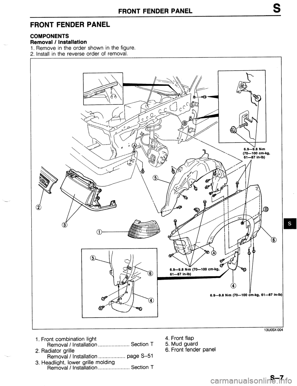 MAZDA PROTEGE 1992 Owners Guide FRONT FENDER PANEL S
FRONT FENDER PANEL
COMPONENTS
Removal / Installation
1, Remove in the order shown in the figure.
7 Install in the reverse order of removal.
-. . . .-.-*. . .
6.9-9.6 N.m (7 MAZDA PROTEGE 1992 Owners Guide FRONT FENDER PANEL S
FRONT FENDER PANEL
COMPONENTS
Removal / Installation
1, Remove in the order shown in the figure.
7 Install in the reverse order of removal.
-. . . .-.-*. . .
6.9-9.6 N.m (7