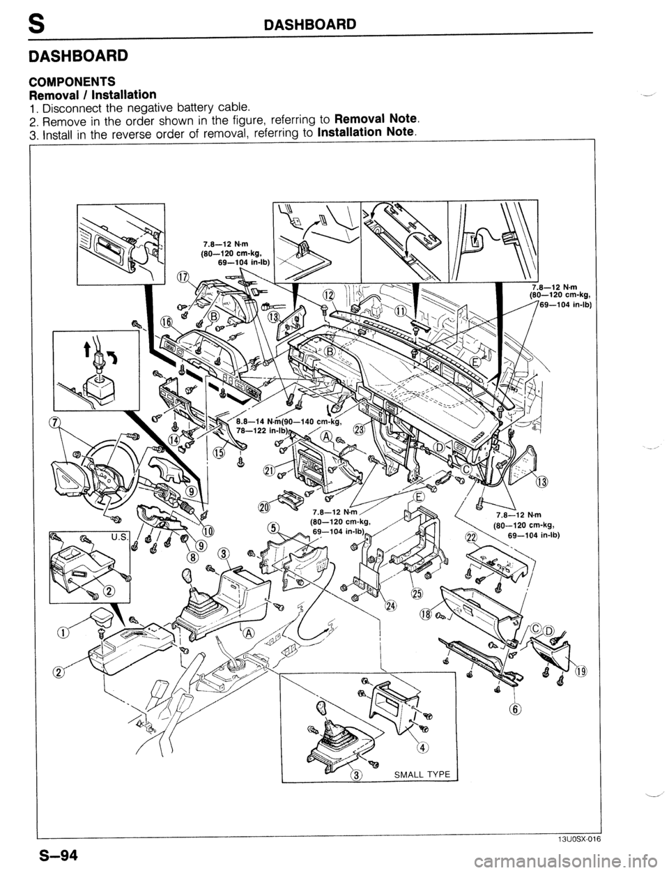 MAZDA PROTEGE 1992 Workshop Manual S DASHBOARD
DASHBOARD
COMPONENTS
Removal / Installation
1. Disconnect the negative battery cable.
2. Remove in the order shown in the figure, referring to
Removal Note.
3. Install in the revers MAZDA PROTEGE 1992 Workshop Manual S DASHBOARD
DASHBOARD
COMPONENTS
Removal / Installation
1. Disconnect the negative battery cable.
2. Remove in the order shown in the figure, referring to
Removal Note.
3. Install in the revers