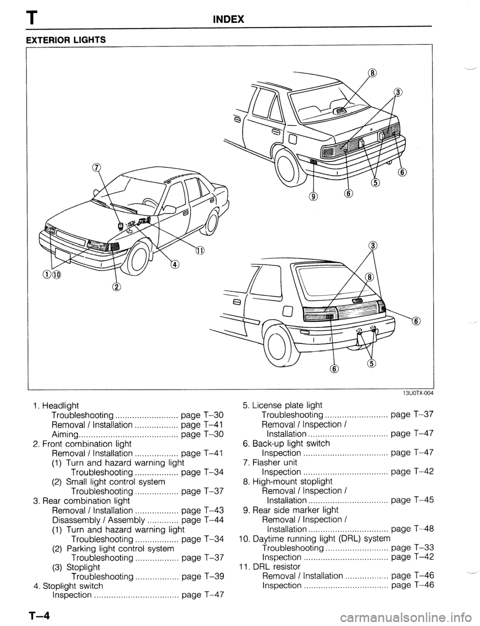 MAZDA PROTEGE 1992  Workshop Manual T INDEX 
EXTERIOR LIGHTS 
1. Headlight 
Troubleshooting .......................... page T-30 
Removal / Installation .................. page T-41 
Aiming ......................................... page