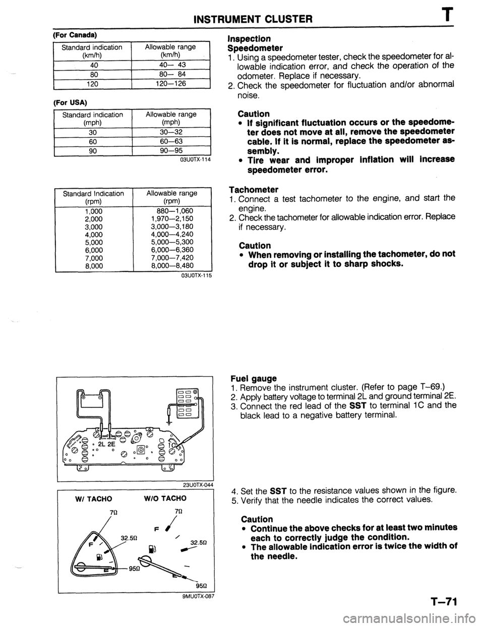 MAZDA PROTEGE 1992  Workshop Manual INSTRUMENT CLUSTER T 
(For Canada) 
(For USA) 
11 
OSUOTX-114 
Standard Indication 
(rpm) 
1,000 
2,000 
3,000 
4,000 
5,000 
6,000 
7,000 
8,000 Allowable range 
@pm) 
880-l ,060 
1,970-2,150 
3,000-