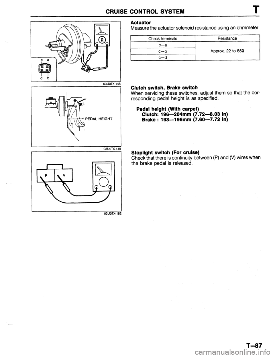 MAZDA PROTEGE 1992 Workshop Manual CRUISE CONTROL SYSTEM T
OSUOTX-14
PEDAL HEIGHT
03UOTX-I 4’
OSUOTX-18
Actuator
Measure the actuator solenoid resistance using an ohmmeter.
Check terminals
c-a
c-b Resistance
Approx. 22 to 5 MAZDA PROTEGE 1992 Workshop Manual CRUISE CONTROL SYSTEM T
OSUOTX-14
PEDAL HEIGHT
03UOTX-I 4’
OSUOTX-18
Actuator
Measure the actuator solenoid resistance using an ohmmeter.
Check terminals
c-a
c-b Resistance
Approx. 22 to 5