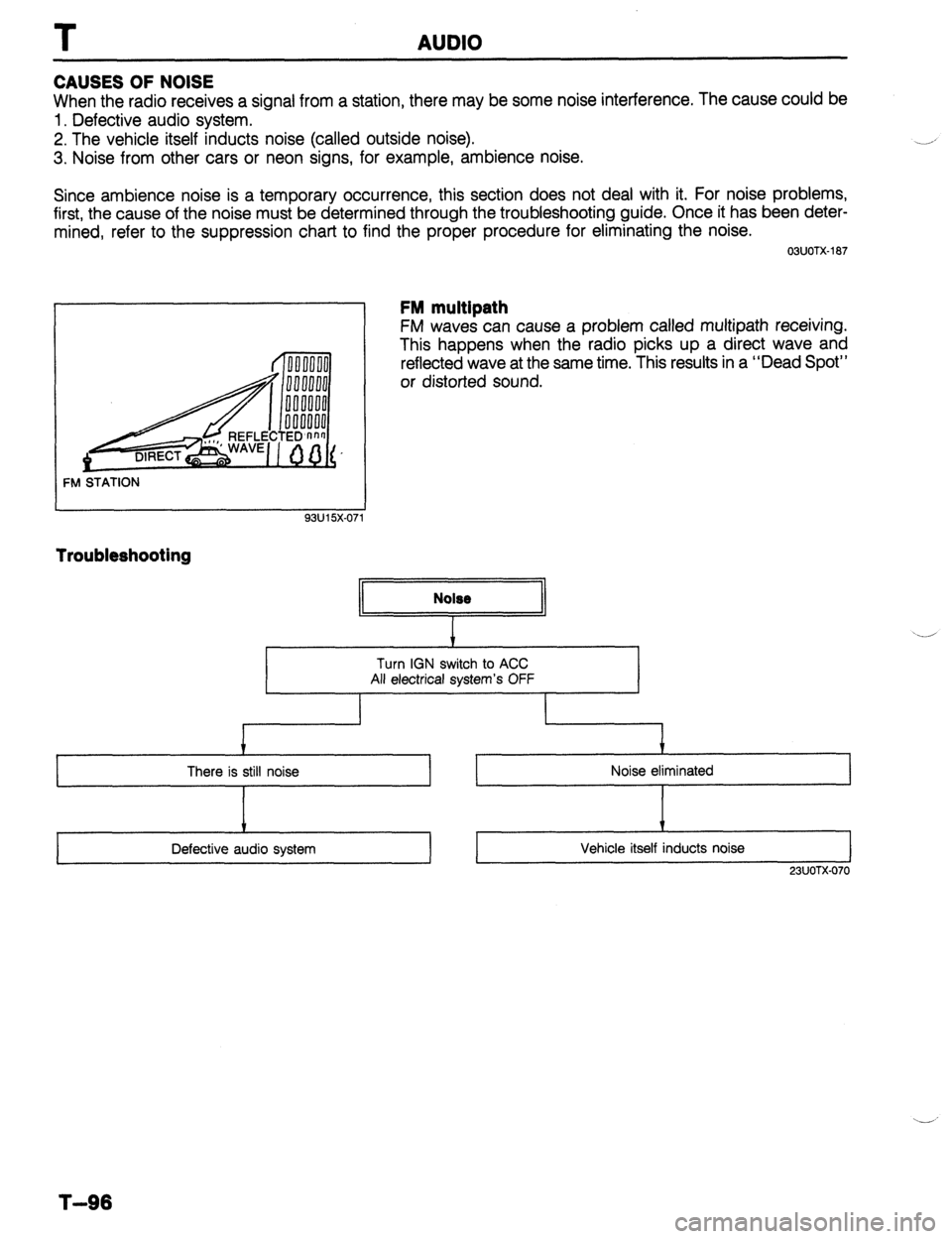 MAZDA PROTEGE 1992 Workshop Manual AUDIO
CAUSES OF NOISE
When the radio receives a signal from a station, there may be some noise interference. The cause could be
1. Defective audio system.
2. The vehicle itself inducts noise (call MAZDA PROTEGE 1992 Workshop Manual AUDIO
CAUSES OF NOISE
When the radio receives a signal from a station, there may be some noise interference. The cause could be
1. Defective audio system.
2. The vehicle itself inducts noise (call