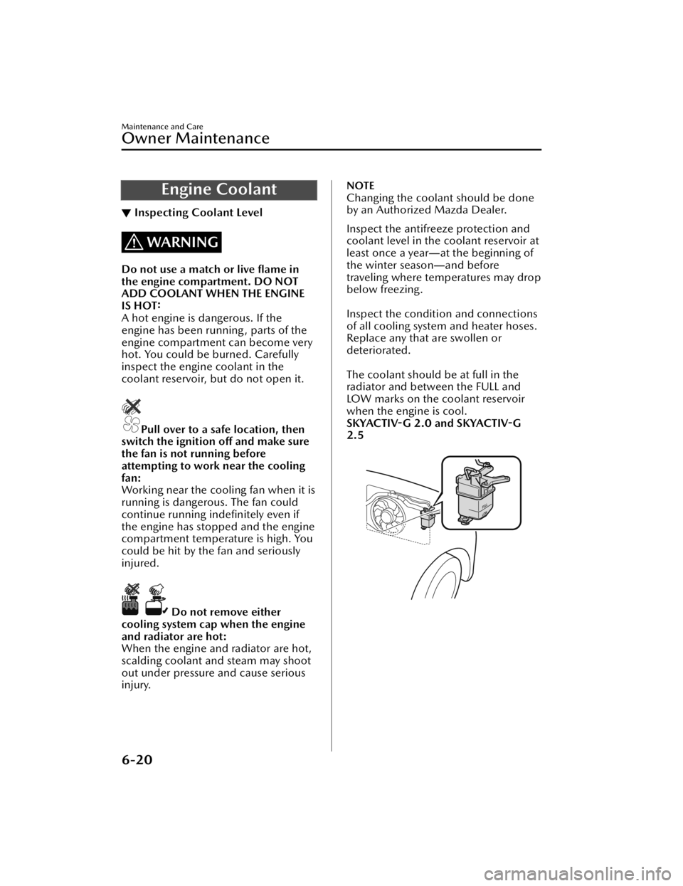 MAZDA MAZDA 2021 User Guide Engine Coolant
▼Inspecting Coolant Level
WARNING
Do not use a match or live ﬂame in
the engine compartment. DO NOT
ADD COOLANT WHEN THE ENGINE
IS HOT:
A hot engine is dangerous. If the
engine has 