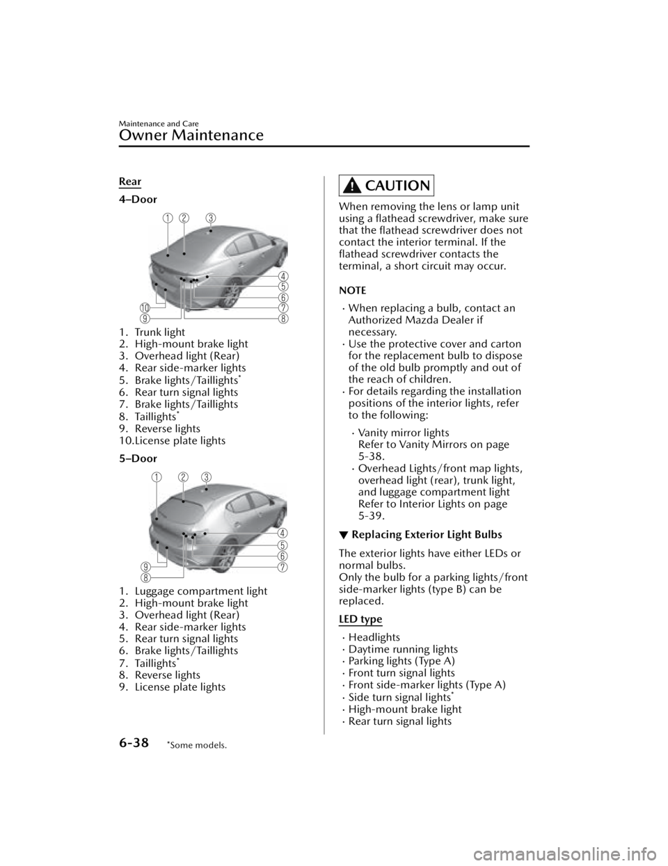 MAZDA MAZDA 2021 Owners Manual Rear
4–Door
1. Trunk light
2. High-mount brake light
3. Overhead light (Rear)
4. Rear side-marker lights
5. Brake lights/Taillights
*
6. Rear turn signal lights
7. Brake lights/Taillights
8. Taillig MAZDA MAZDA 2021 Owners Manual Rear
4–Door
1. Trunk light
2. High-mount brake light
3. Overhead light (Rear)
4. Rear side-marker lights
5. Brake lights/Taillights
*
6. Rear turn signal lights
7. Brake lights/Taillights
8. Taillig