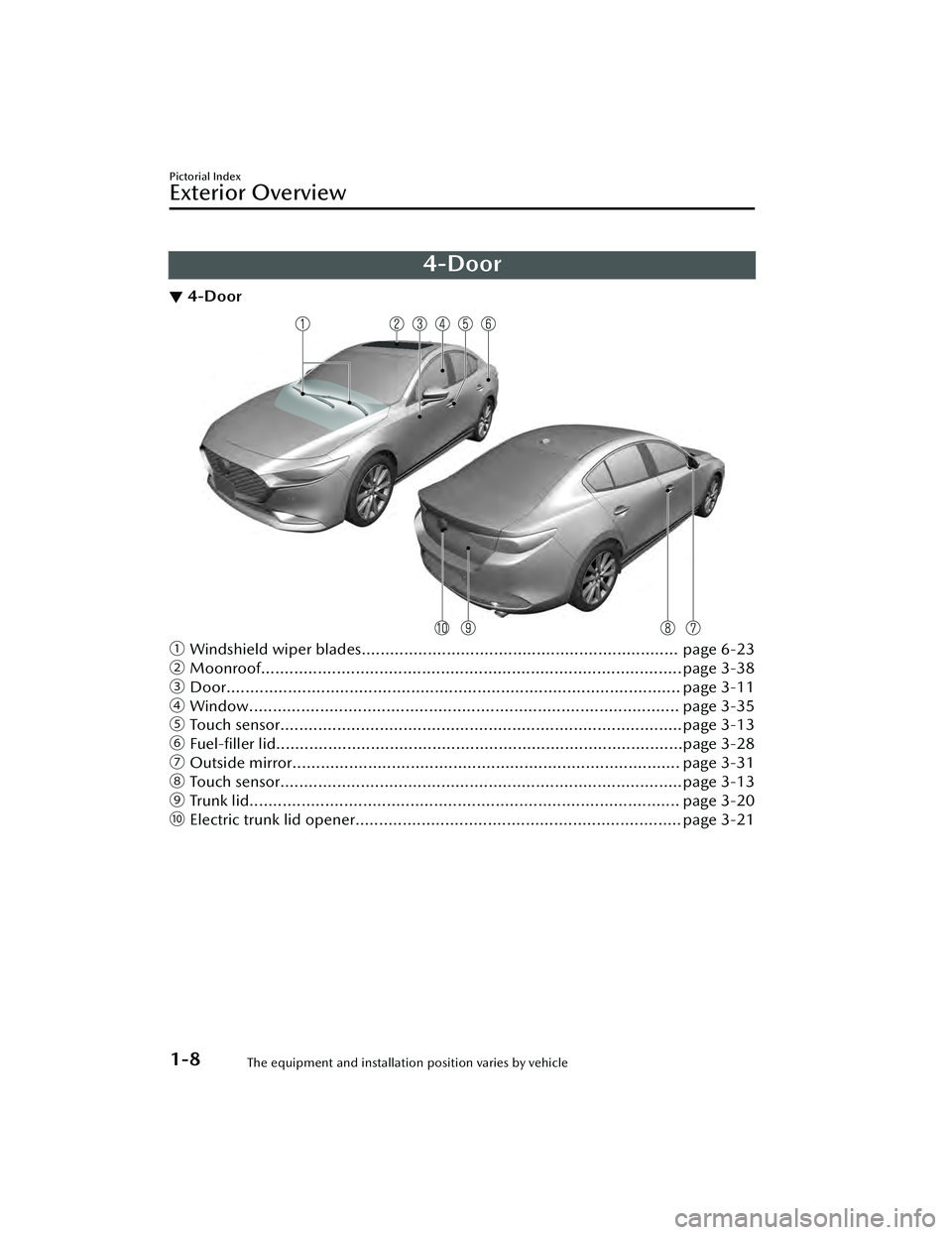 MAZDA MAZDA 2023  Owners Manual 4-Door
▼4-Door
ƒ
Windshield wiper blades................................................................... page 6-23
„ Moonroof.................................................................