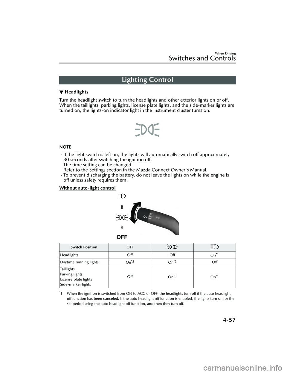 MAZDA MAZDA 2023 Repair Manual Lighting Control
▼Headlights
Turn the headlight switch to turn the headli
ghts and other exterior lights on or off.
When the taillights, parking lights, license plate lights, and the side-marker li MAZDA MAZDA 2023 Repair Manual Lighting Control
▼Headlights
Turn the headlight switch to turn the headli
ghts and other exterior lights on or off.
When the taillights, parking lights, license plate lights, and the side-marker li