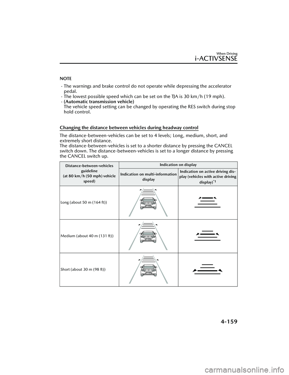 MAZDA MAZDA 2023 Manual Online NOTE
The warnings and brake control do not operate while depressing the accelerator
pedal.
The lowest possible speed which can be set on the TJA is 30 km/h (19 mph).(Automatic transmission ve MAZDA MAZDA 2023 Manual Online NOTE
The warnings and brake control do not operate while depressing the accelerator
pedal.
The lowest possible speed which can be set on the TJA is 30 km/h (19 mph).(Automatic transmission ve