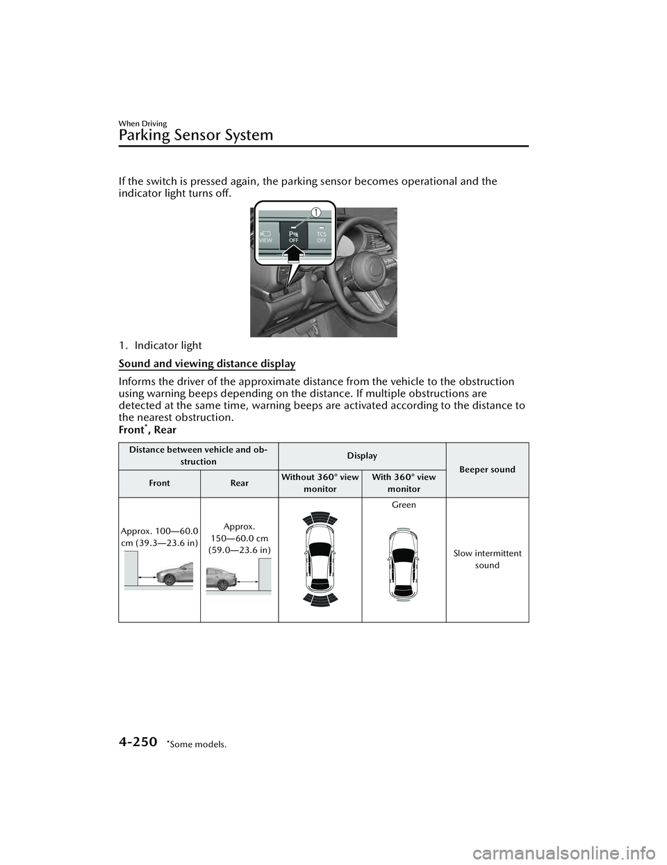 MAZDA MAZDA 2023 Owners Manual If the switch is pressed again, the parking sensor becomes operational and the
indicator light turns off.
1. Indicator light
Sound and viewing distance display
Informs the driver of the ap proximate d MAZDA MAZDA 2023 Owners Manual If the switch is pressed again, the parking sensor becomes operational and the
indicator light turns off.
1. Indicator light
Sound and viewing distance display
Informs the driver of the ap proximate d