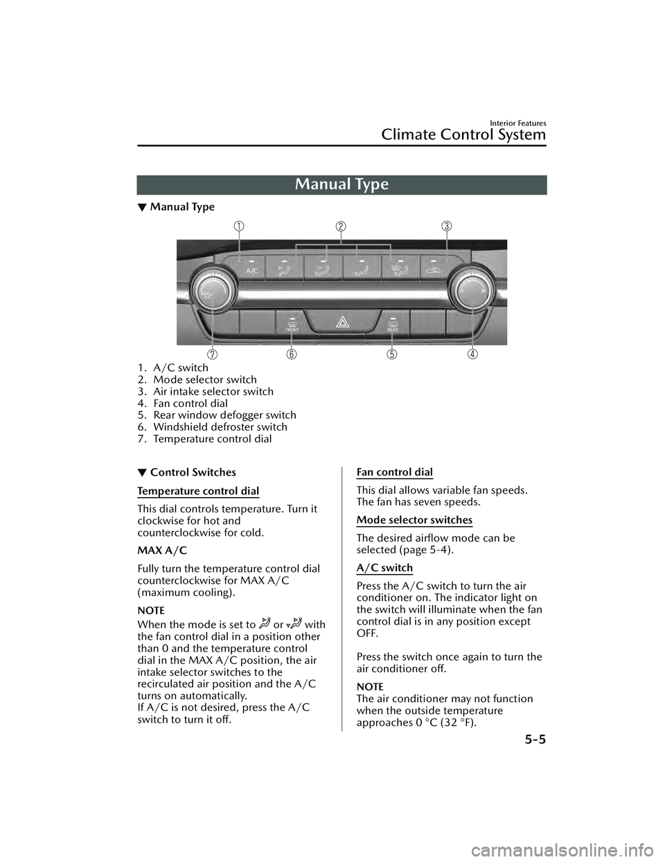MAZDA MAZDA 2023  Owners Manual Manual Type
▼Manual Type
1. A/C switch
2. Mode selector switch
3. Air intake selector switch
4. Fan control dial
5. Rear window defogger switch
6. Windshield defroster switch
7. Temperature control 