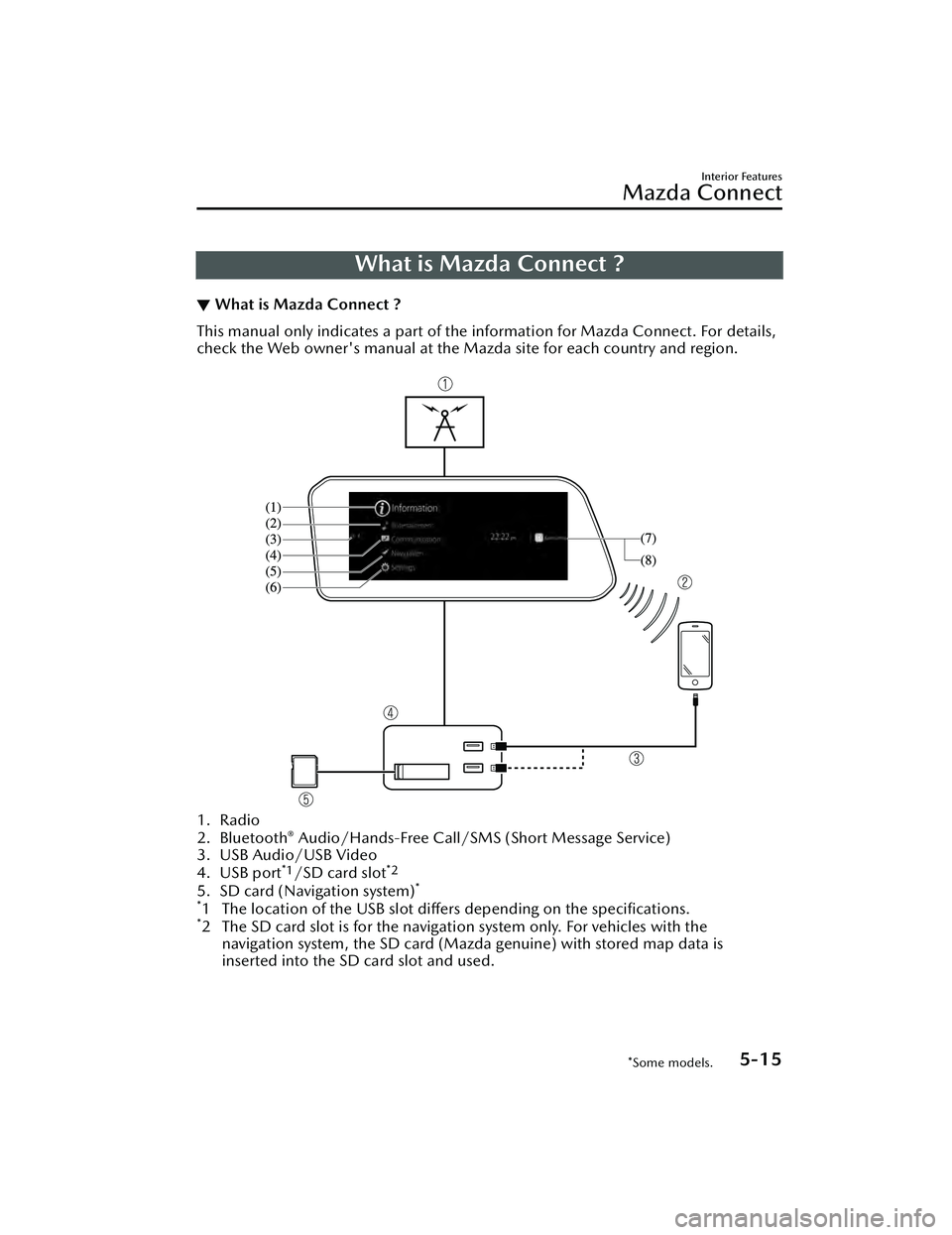 MAZDA MAZDA 2023 Owners Manual What is Mazda Connect ?
▼What is Mazda Connect ?
This manual only indicates a part of the information for Mazda Connect. For details,
check the Web owner's manual at the Mazda site for each coun MAZDA MAZDA 2023 Owners Manual What is Mazda Connect ?
▼What is Mazda Connect ?
This manual only indicates a part of the information for Mazda Connect. For details,
check the Web owner's manual at the Mazda site for each coun