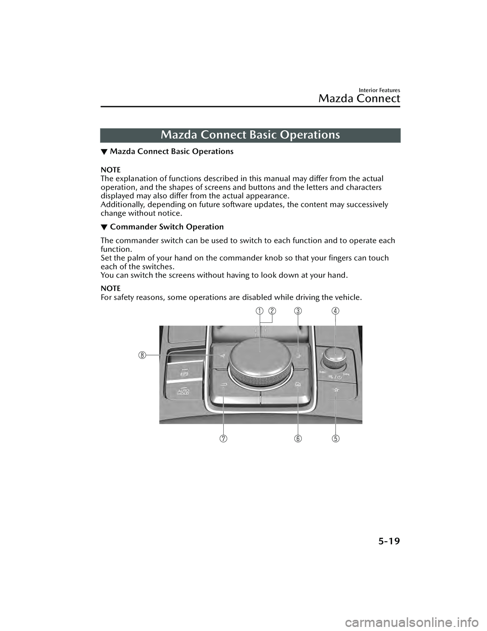 MAZDA MAZDA 2023 Owners Manual Mazda Connect Basic Operations
▼Mazda Connect Basic Operations
NOTE
The explanation of functions described in this manual may differ from the actual
operation, and the shapes of screens and buttons MAZDA MAZDA 2023 Owners Manual Mazda Connect Basic Operations
▼Mazda Connect Basic Operations
NOTE
The explanation of functions described in this manual may differ from the actual
operation, and the shapes of screens and buttons