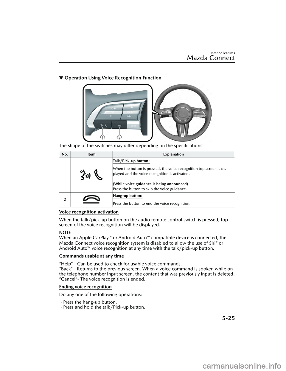 MAZDA MAZDA 2023 Owners Manual ▼Operation Using Voice Recognition Function
The shape of the switches may differ depending on the specifications.
No.
Item Explanation
1
Ta l k / P i c k - u p b u t t o n :
When the button is pre MAZDA MAZDA 2023 Owners Manual ▼Operation Using Voice Recognition Function
The shape of the switches may differ depending on the specifications.
No.
Item Explanation
1
Ta l k / P i c k - u p b u t t o n :
When the button is pre