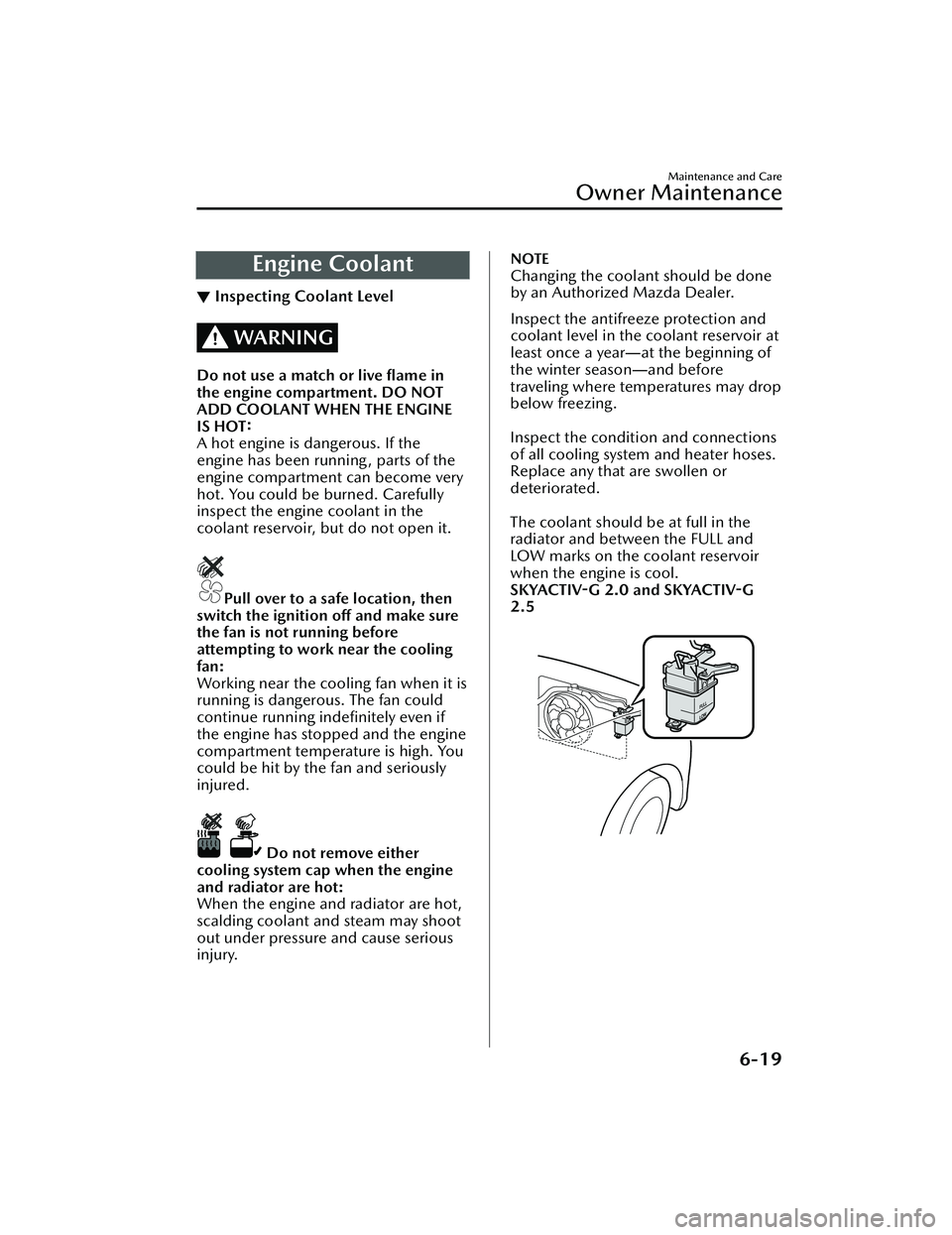 MAZDA MAZDA 2023  Owners Manual Engine Coolant
▼Inspecting Coolant Level
WARNING
Do not use a match or live ﬂame in
the engine compartment. DO NOT
ADD COOLANT WHEN THE ENGINE
IS HOT:
A hot engine is dangerous. If the
engine has 