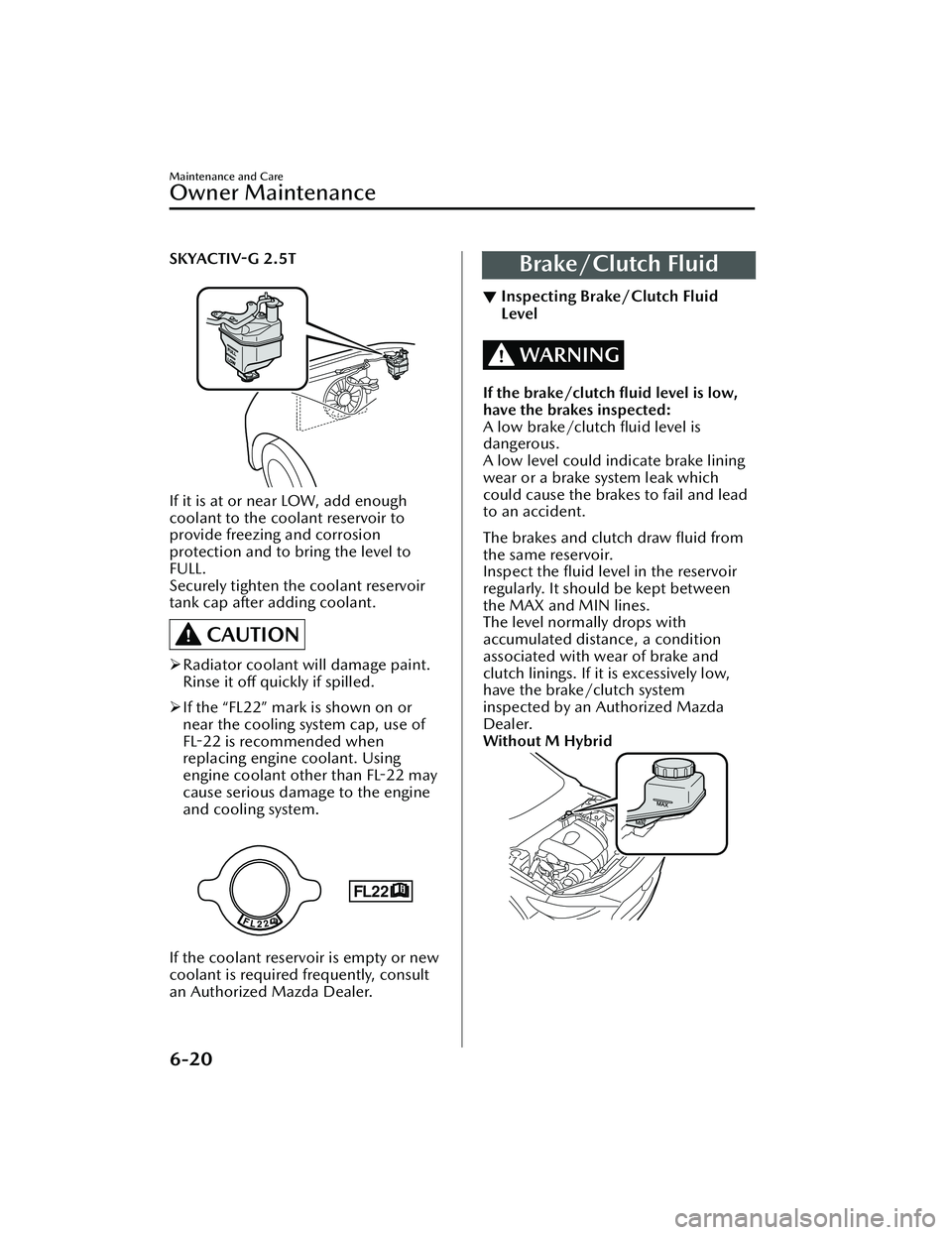 MAZDA MAZDA 2023  Owners Manual SKYACTIV-G 2.5T
 
FULL
LOW
If it is at or near LOW, add enough
coolant to the coolant reservoir to
provide freezing and corrosion
protection and to bring the level to
FULL.
Securely tighten the coolan