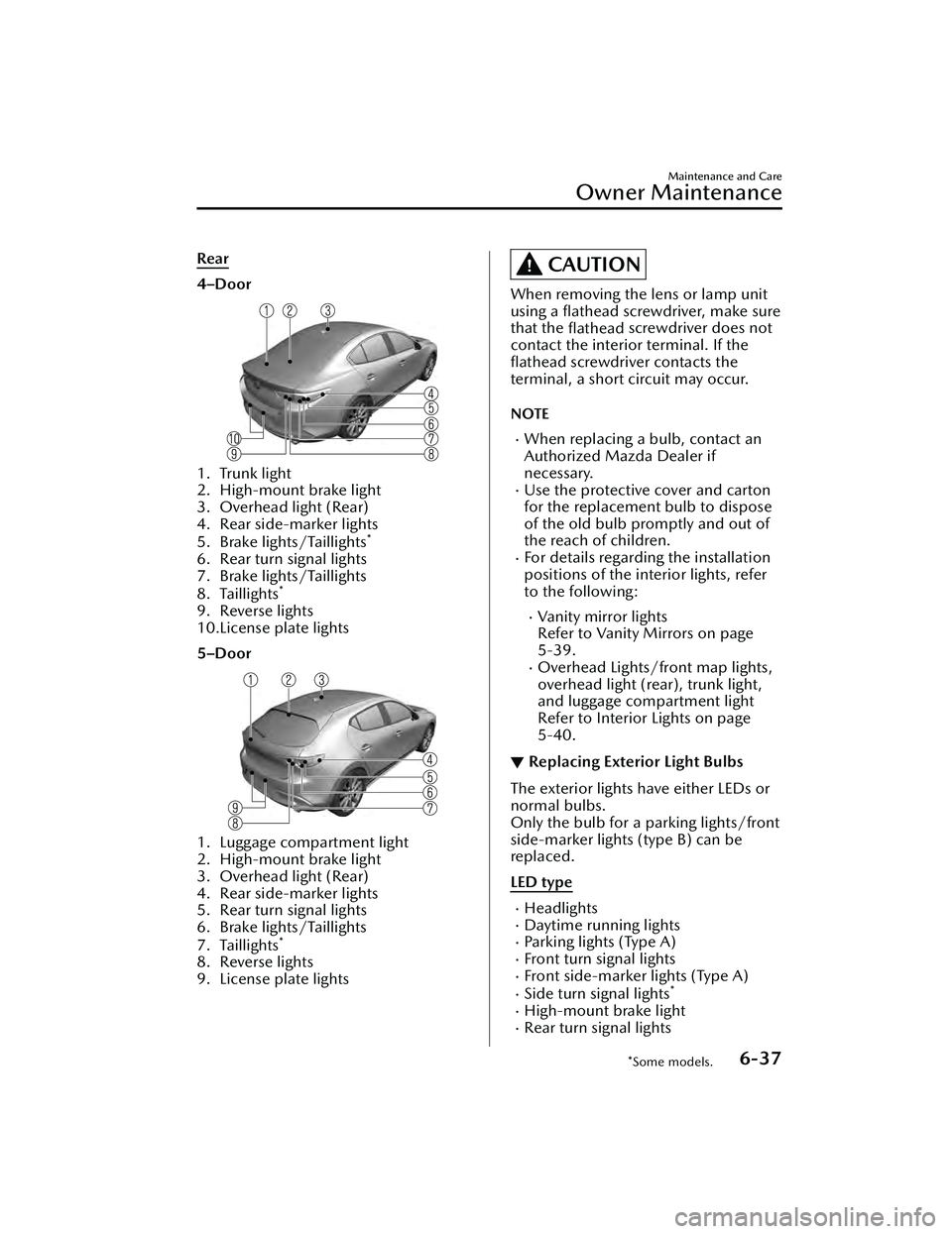 MAZDA MAZDA 2023  Owners Manual Rear
4–Door
1. Trunk light
2. High-mount brake light
3. Overhead light (Rear)
4. Rear side-marker lights
5. Brake lights/Taillights
*
6. Rear turn signal lights
7. Brake lights/Taillights
8. Taillig