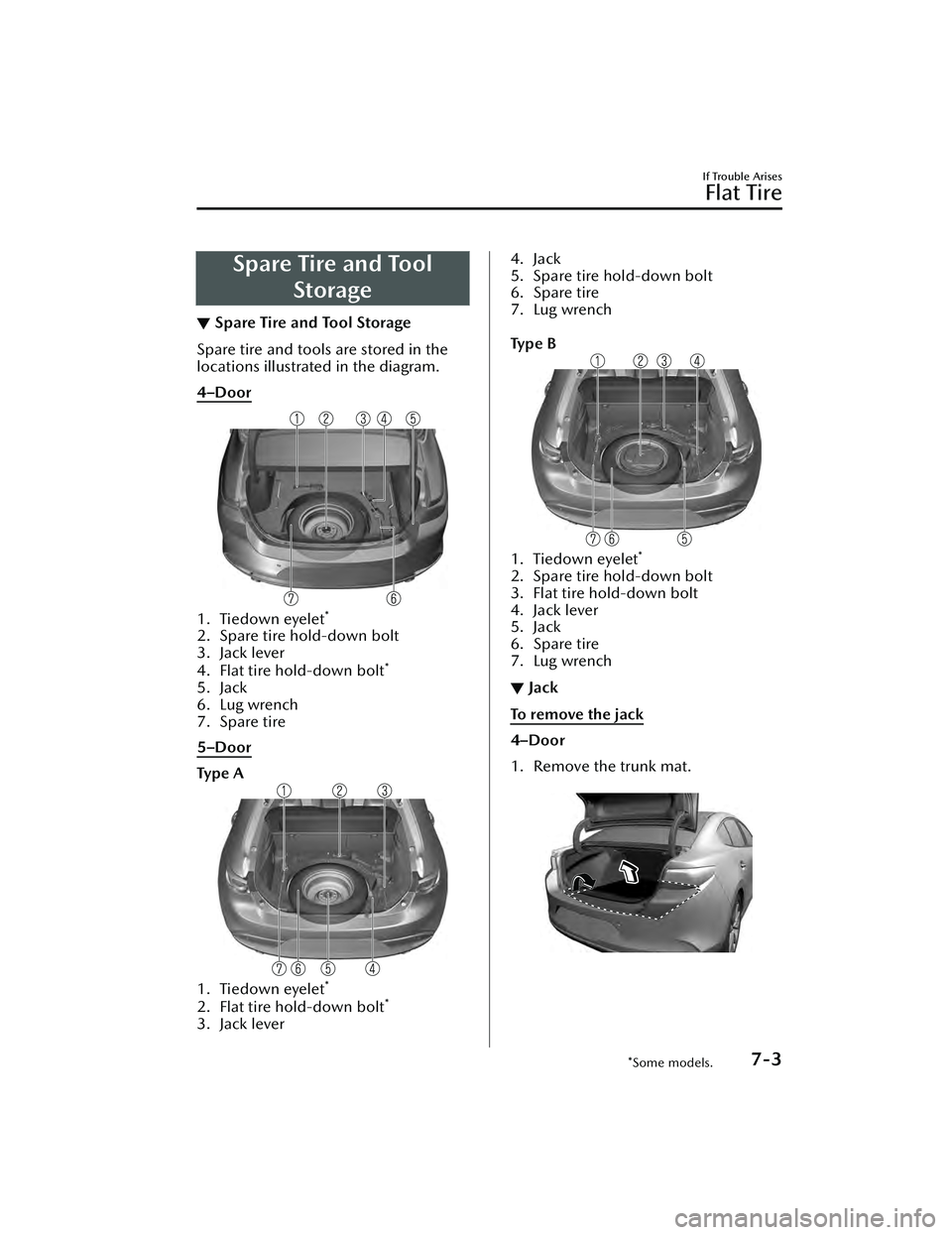 MAZDA MAZDA 2023  Owners Manual Spare Tire and ToolStorage
▼Spare Tire and Tool Storage
Spare tire and tools are stored in the
locations illustrated in the diagram.
4–Door
1. Tiedown eyelet*
2. Spare tire hold-down bolt
3. Jack 