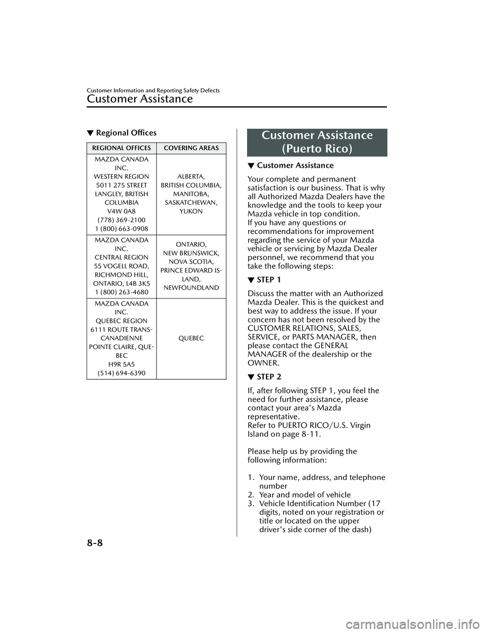 MAZDA MAZDA 2023 Service Manual ▼Regional Offices
REGIONAL OFFICES COVERING AREAS
MAZDA CANADA INC.
WESTERN REGION
5011 275 STREET
LANGLEY, BRITISH COLUMBIAV4W 0A8
(778) 369-2100
1 (800) 663-0908 ALBERTA,
BRITISH COLUMBIA, MANITOB