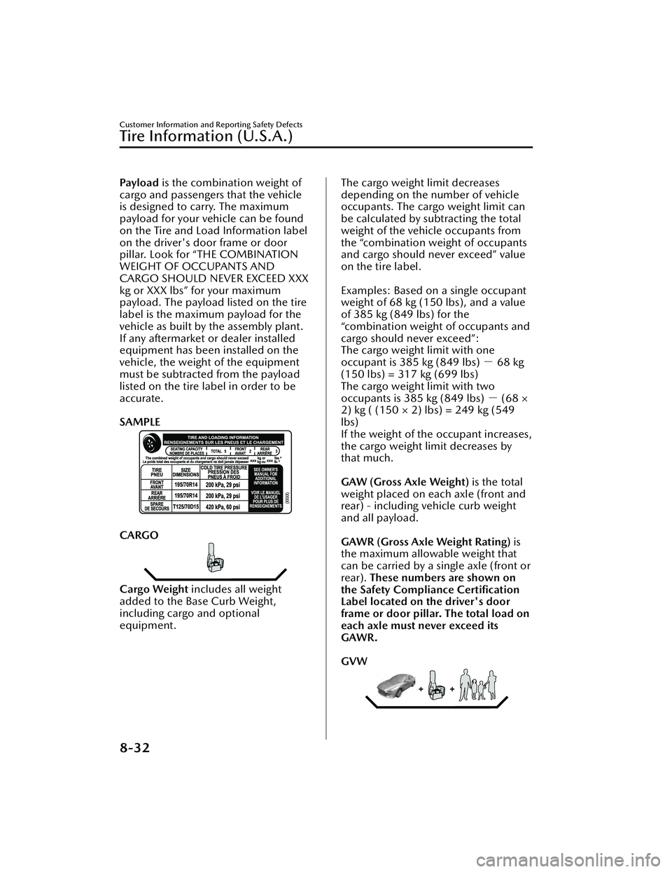 MAZDA MAZDA 2023  Owners Manual Pay l o a d is the combination weight of
cargo and passengers that the vehicle
is designed to carry. The maximum
payload for your vehicle can be found
on the Tire and Load Information label
on the dri
