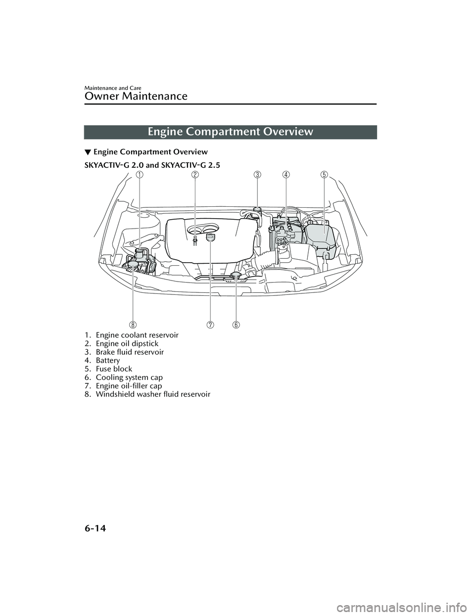 MAZDA CX30 2023  Owners Manual Engine Compartment Overview
▼Engine Compartment Overview
SKYACTIV-G 2.0 and SKYACTIV-G 2.5
1. Engine coolant reservoir
2. Engine oil dipstick
3. Brake ﬂuid reservoir
4. Battery
5. Fuse block
6. Co