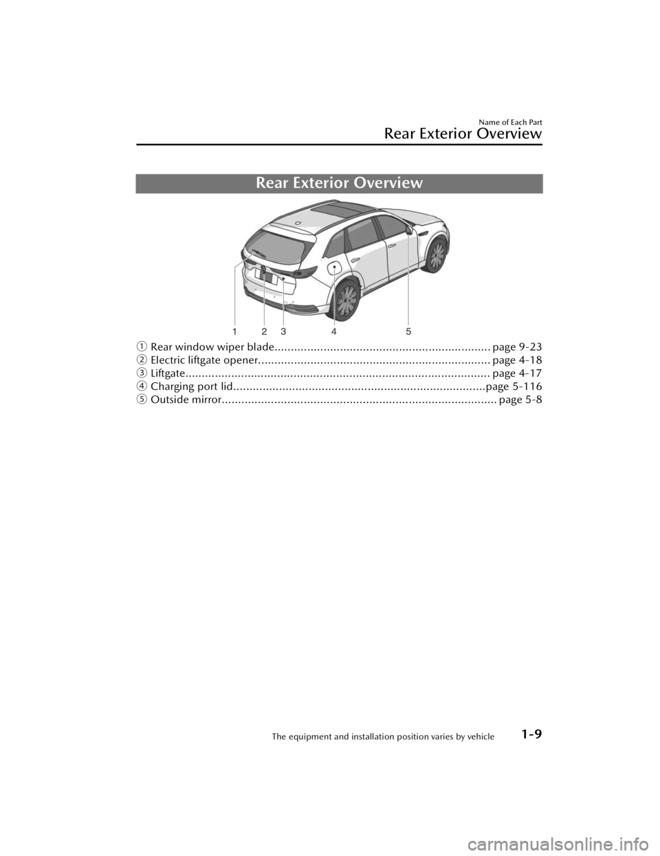 MAZDA CX90 2024  Owners Manual Rear Exterior Overview
ƒRear window wiper blade.............. .................................................... page 9-23
„ Electric liftgate opener............................................