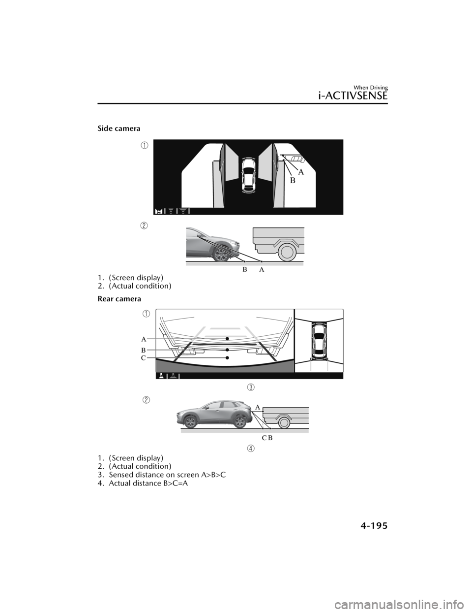 MAZDA CX3 2023  Owners Manual Side camera
1. (Screen display)
2. (Actual condition)
Rear camera
1. (Screen display)
2. (Actual condition)
3. Sensed distance on screen A>B>C
4. Actual distance B>C=A
When Driving
i-ACTIVSENSE
4-195
