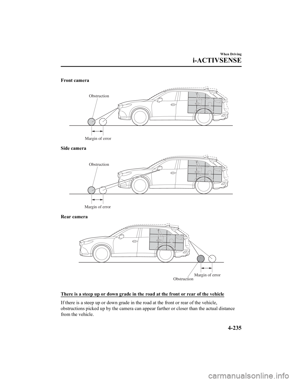 MAZDA CX9 2023 Owners Manual Front camera
Obstruction
Margin of error
Side camera
Obstruction
Margin of error
Rear camera
Obstruction Margin of error
There is a steep up or down grade in the road at the front or r
ear of the ve MAZDA CX9 2023 Owners Manual Front camera
Obstruction
Margin of error
Side camera
Obstruction
Margin of error
Rear camera
Obstruction Margin of error
There is a steep up or down grade in the road at the front or r
ear of the ve