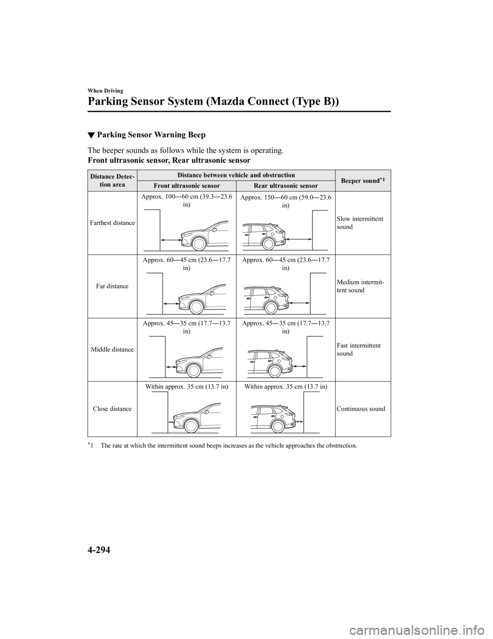 MAZDA CX9 2023 Owners Manual ▼Parking Sensor Warning Beep
The beeper sounds as follows while the system is operating.
Front ultrasonic sensor, Rear ultrasonic sensor
Distance Detec‐
tion area Distance between vehicle and obst MAZDA CX9 2023 Owners Manual ▼Parking Sensor Warning Beep
The beeper sounds as follows while the system is operating.
Front ultrasonic sensor, Rear ultrasonic sensor
Distance Detec‐
tion area Distance between vehicle and obst