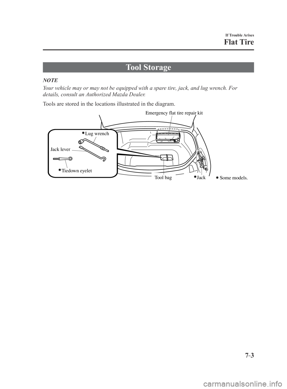 MAZDA MX5 MIATA 2016 Owners Manual 7–3
If Trouble Arises
Flat Tire
Tool Storage
NOTE
Your vehicle may or may not be equipped with a spare tire, jack, and lug wrench. For
details, consult an Authorized Mazda Dealer.
Tools are stored MAZDA MX5 MIATA 2016 Owners Manual 7–3
If Trouble Arises
Flat Tire
Tool Storage
NOTE
Your vehicle may or may not be equipped with a spare tire, jack, and lug wrench. For
details, consult an Authorized Mazda Dealer.
Tools are stored