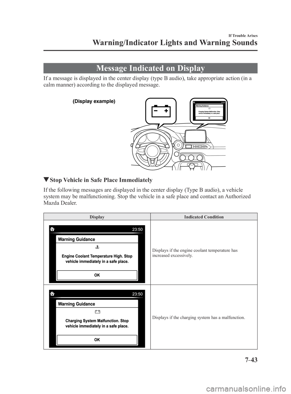 MAZDA MX5 MIATA 2016 Owners Manual 7–43
If Trouble Arises
Warning/Indicator Lights and Warning Sounds
Message Indicated on Display
If a message is displayed in the center display (type B audio), take appropriate action (in a
calm ma MAZDA MX5 MIATA 2016 Owners Manual 7–43
If Trouble Arises
Warning/Indicator Lights and Warning Sounds
Message Indicated on Display
If a message is displayed in the center display (type B audio), take appropriate action (in a
calm ma