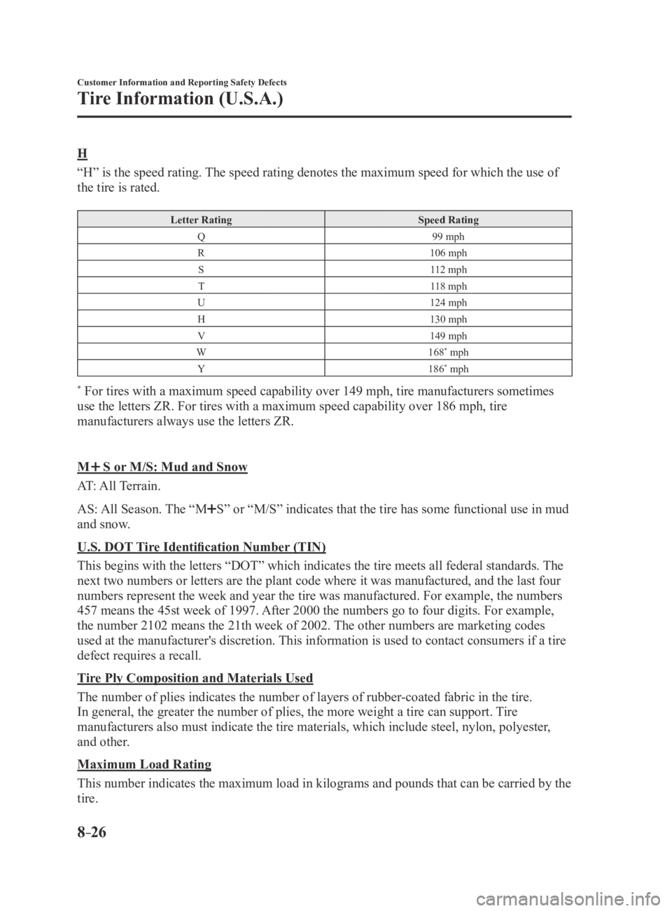 MAZDA MX5 MIATA 2016 Owners Manual 8–26
Customer Information and Reporting Safety Defects
Tire Information (U.S.A.)
H
“H” is the speed rating. The speed rating denotes the maximum speed for which the use of
the tire is rated.
Le MAZDA MX5 MIATA 2016 Owners Manual 8–26
Customer Information and Reporting Safety Defects
Tire Information (U.S.A.)
H
“H” is the speed rating. The speed rating denotes the maximum speed for which the use of
the tire is rated.
Le
