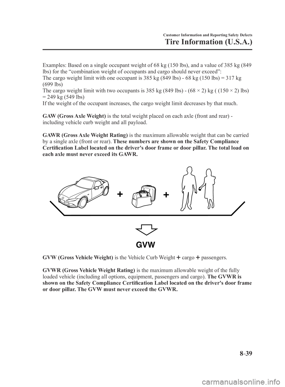 MAZDA MX5 MIATA 2016 Owners Manual 8–39
Customer Information and Reporting Safety Defects
Tire Information (U.S.A.)
Examples: Based on a single occupant weight of 68 kg (150 lbs), and a value of 385 kg (849
lbs) for the “combinati MAZDA MX5 MIATA 2016 Owners Manual 8–39
Customer Information and Reporting Safety Defects
Tire Information (U.S.A.)
Examples: Based on a single occupant weight of 68 kg (150 lbs), and a value of 385 kg (849
lbs) for the “combinati
