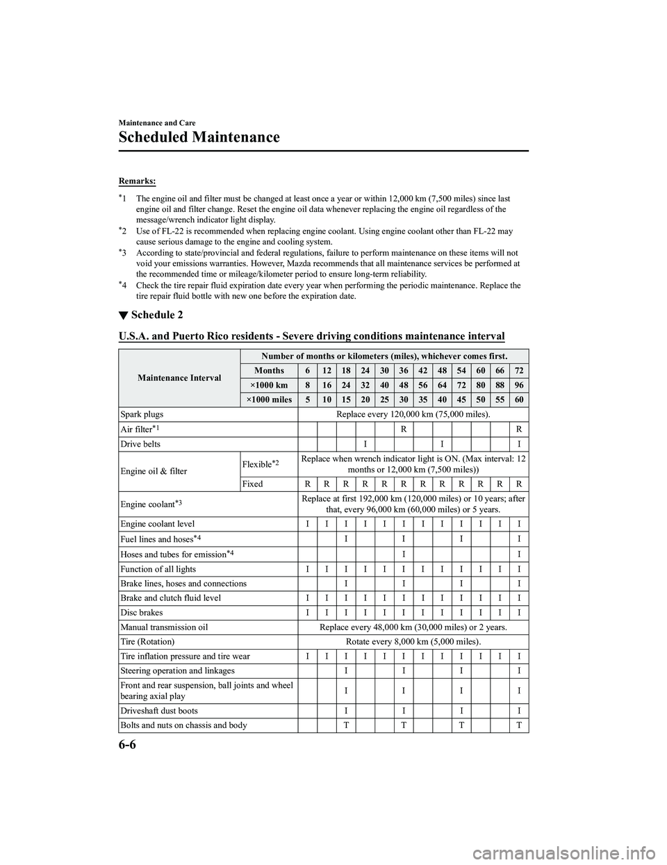 MAZDA MX5 MIATA 2023  Owners Manual Remarks:
*1 The engine oil and filter must be changed at least once a year or within 12,000 km (7,500 miles) since last
engine oil and filter change.  Reset the engine oil data whenever repl acing the