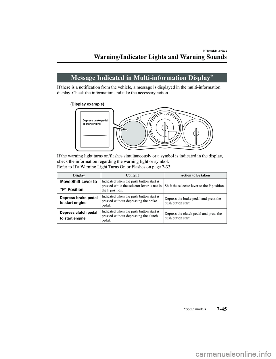 MAZDA MX5 MIATA 2023 Manual PDF Message Indicated in Multi-information Display*
If there is a notification from the vehicle, a message is displayed in the multi-information
display. Check the information and take the necessary actio MAZDA MX5 MIATA 2023 Manual PDF Message Indicated in Multi-information Display*
If there is a notification from the vehicle, a message is displayed in the multi-information
display. Check the information and take the necessary actio
