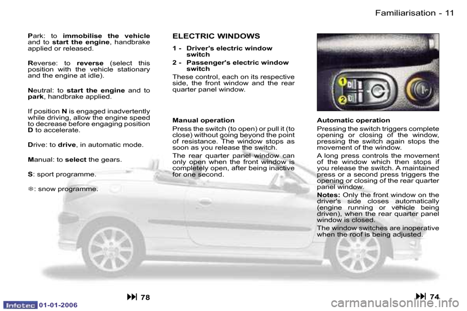 Peugeot 206 CC Dag 2006  Owners Manual �1�1
�-�F�a�m�i�l�i�a�r�i�s�a�t�i�o�n
�0�1�-�0�1�-�2�0�0�6
�A�u�t�o�m�a�t�i�c� �o�p�e�r�a�t�i�o�n 
�P�r�e�s�s�i�n�g� �t�h�e� �s�w�i�t�c�h� �t�r�i�g�g�e�r�s� �c�o�m�p�l�e�t�e�  
�o�p�e�n�i�n�g�  �o�r� 