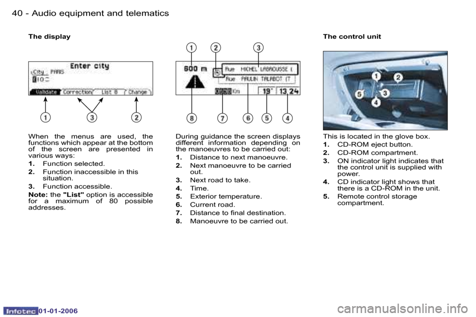 Peugeot 206 CC Dag 2006 Service Manual �4�0 �-�A�u�d�i�o� �e�q�u�i�p�m�e�n�t� �a�n�d� �t�e�l�e�m�a�t�i�c�s
�0�1�-�0�1�-�2�0�0�6
�W�h�e�n�  �t�h�e�  �m�e�n�u�s�  �a�r�e�  �u�s�e�d�,�  �t�h�e�  
�f�u�n�c�t�i�o�n�s� �w�h�i�c�h� �a�p�p�e�a�r� 