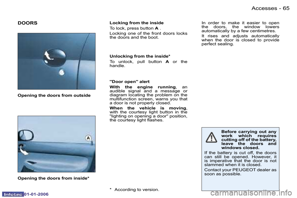 Peugeot 206 CC Dag 2006 Manual PDF �6�5
�-�A�c�c�e�s�s�e�s
�0�1�-�0�1�-�2�0�0�6
�D�O�O�R�S� �L�o�c�k�i�n�g� �f�r�o�m� �t�h�e� �i�n�s�i�d�e 
�T�o� �l�o�c�k�,� �p�r�e�s�s� �b�u�t�t�o�n� 
�A� �.
�L�o�c�k�i�n�g�  �o�n�e�  �o�f�  �t�h�e�  �